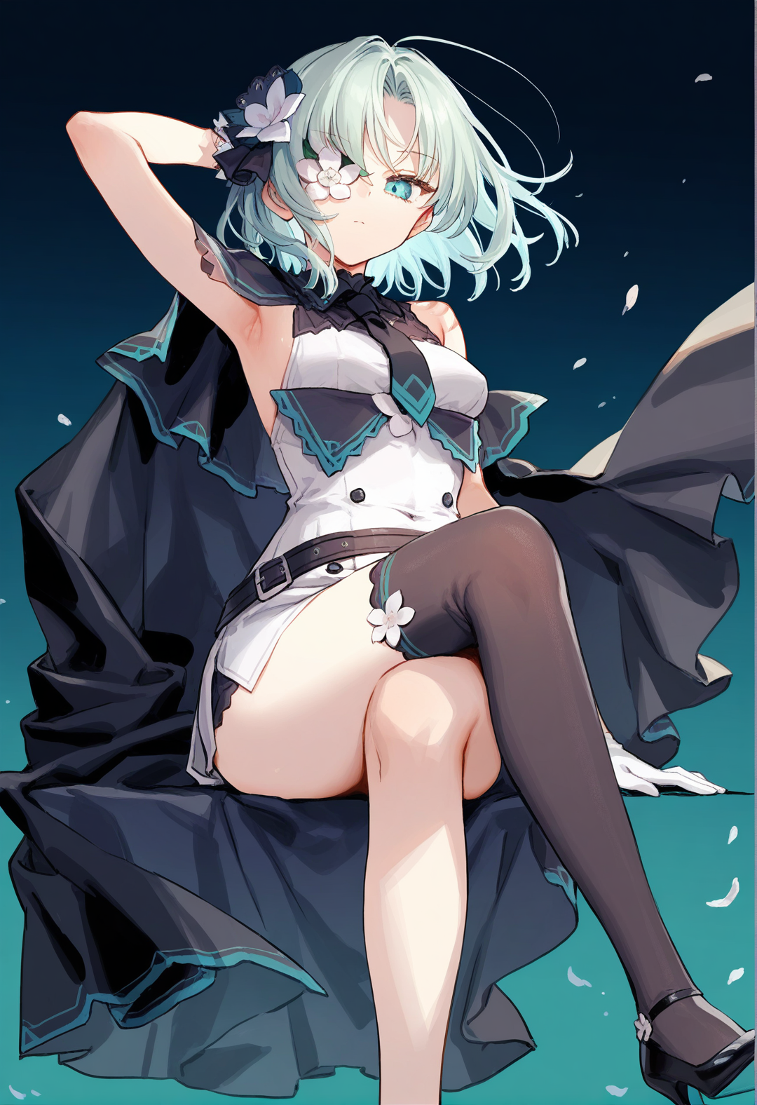 masterpiece,best quality,amazing quality,very aesthetic,high resolution,very awa,(ciloranko:1.3),(mignon:0.8),(navel(ohisashiburi):0.6),(bee \(deadflow\):0.8),<lora:kedamaaXLillokrV5311P:0.3>,1girl,solo,solo focus,<lora:saya_origin>,one-eyed,(flower_on_eye:1.3),green hair,aqua hair,flower,white flower,aqua eyes,short hair,bangs,hair flower,hair ornament,ribbon,gloves,white gloves,bare shoulders,sleeveless,black capelet,necktie,medium breasts,sheath_dress,white dress,asymmetrical legwear,thighhighs,single thighhigh,black thighhighs,black footwear,high heels,side_belt,
sitting,invisible chair,armpits,arm_behind_head,arm up,crossed legs,serious,expressionless,floating cape,slanted_eyes,full_shot,dark background,green_line,looking at viewer,from_side,