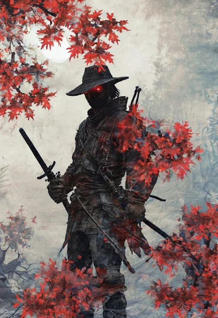 silhouette of a The Hunter in the city of Yharnam, Bloodborne, glowing eyes, t-shirt design, dark magic splash, gothic, Halloween, burnt orange gradient, magic, nature, clean background, magic splash, 3D vector art, fantasy art, watercolor effect, bokeh, Adobe Illustrator, hand-drawn, digital painting, soft lighting, isometric style, retro aesthetic, 4K resolution, using Cinema 4D, natural lighting, cinematic, masterpiece, highly detailed, intricate, extreme textures, horror, terryfying, creepy, Scary <lora:EpicF4nta5yXL:0.8>,linquivera, Ink illustration, (anime:0.5), brown tones, aged black red paper,Acer japonicum, inkpunk, surreal, (at a distance), Will-o'-the-wisp, The city is in the background,moonlit, lonely, solitude, windy, tall trees, samurai sword fight, OverallDetail,Bonsai, bamboo grove,extremely detailed, UHD,(long exposure ,Radiant licorice, Red Japanese maples,dystopian but extremely beautiful:1.4),<lora:- SDXL - letitflrsh_let_it_flourish_V1.0:0.8> ,<lora:Cute_Collectible:1>, <lora:XL_boss_battle:0.6> <lora:add-detail-xl:1>, <lora:Concept Art Twilight Style SDXL_LoRA_Pony Diffusion V6 XL:1>, <lora:MJ52:1>,CyberCity, (blue:1.3),(red:1.4),(yellow:1.2),(harbor:1.3), (ship:1.2), neon lights, scenery, chinese_building, outdoors, road, night, sign, street, riot police, criminals,(bird eye view:1.2),