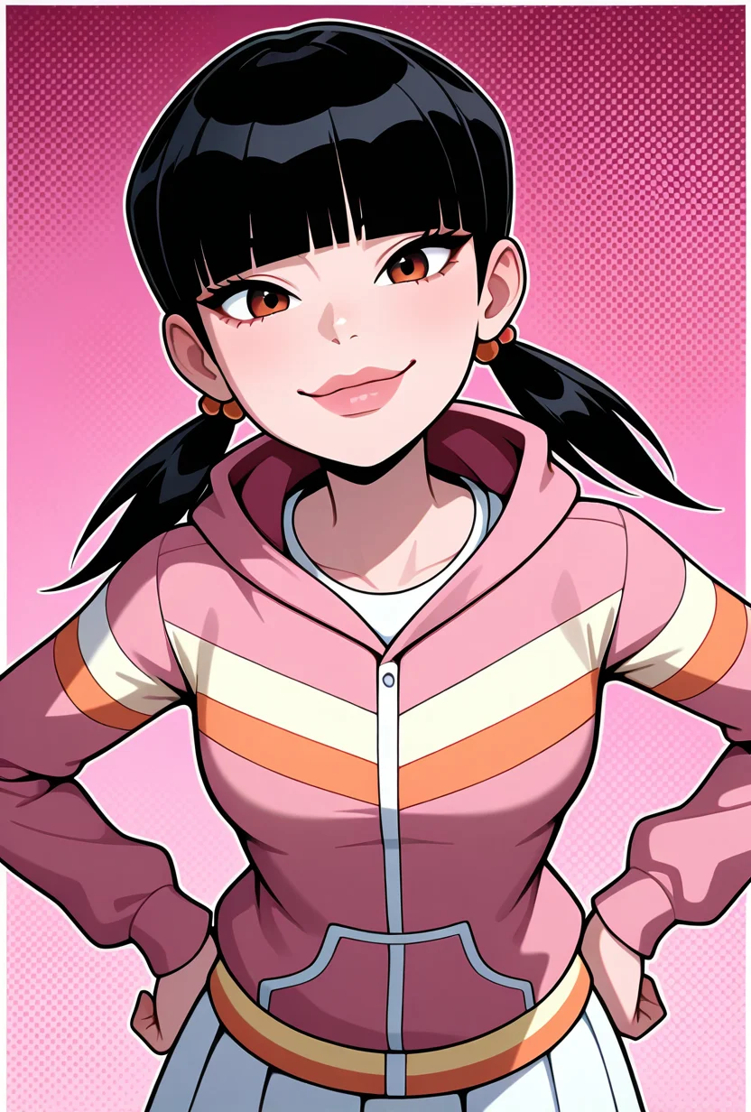((cartoon, screencap))  <lora:julieov:1>, julieov, black hair, twintails, 1girl, low twintails, pink hoodie, blunt bangs, hair ornament, jacket, long sleeves, lips, big mouth, white skirts, smile, pose, hands on hips, leaning forward, looking at viewer, pink background,, masterpiece, best quality, amazing quality, very aesthetic, absurdres, newest,, upper body, halftone effect, white borders, abstract background:1.2,