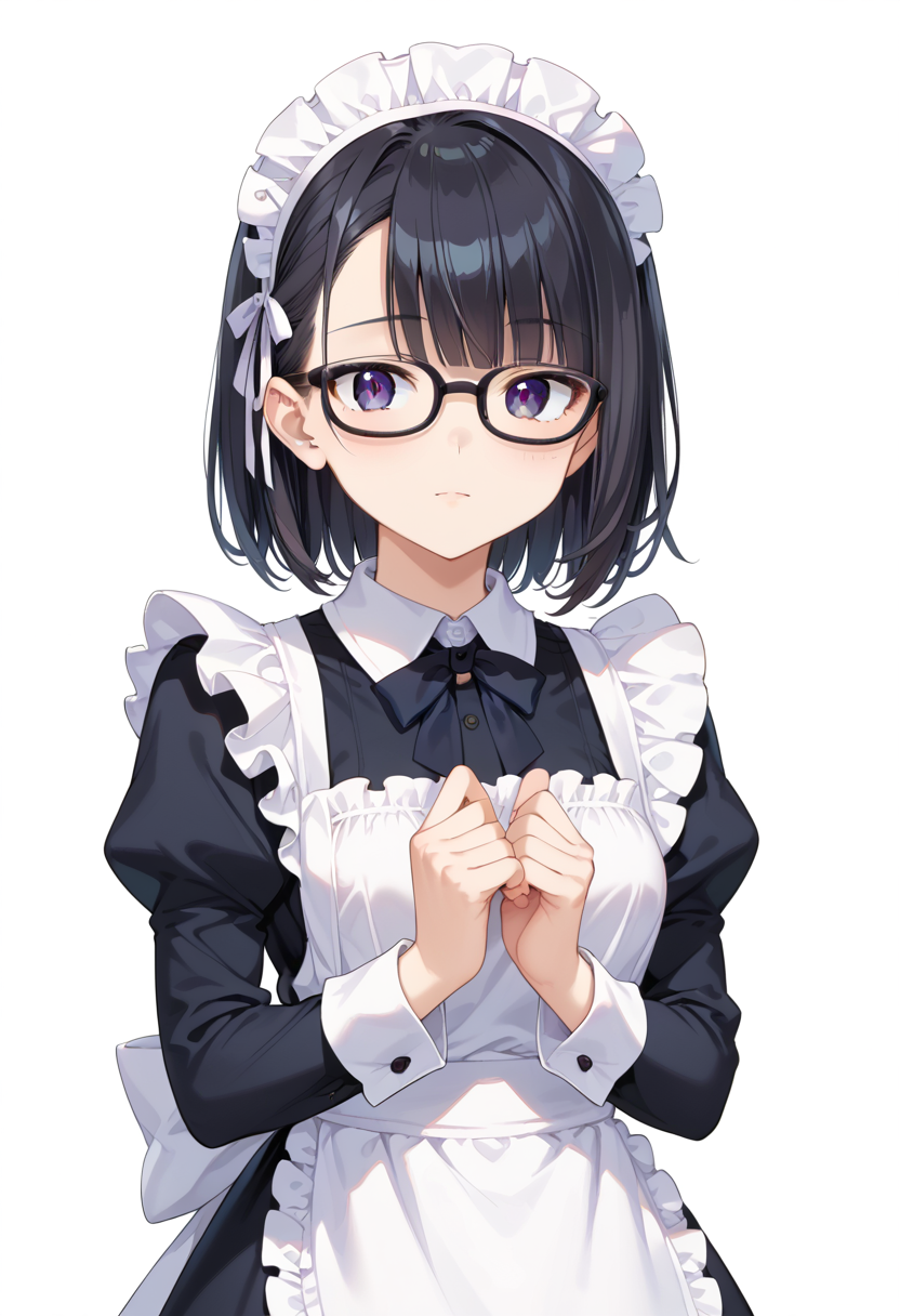 score_9, score_8_up, score_7_up, rating_safe, masterpiece, best quality, absurdres, unity 8k wallpaper, official art, official style, source_anime, uncensored, game cg, megami magazine,
1girl, solo, black hair, medium hair, upper body, covered eyes,maid, maid headdress, black dress, maid apron, face focus,
oval_cell, glasses, still life, white background, simple background, black-framed eyewear,
 <lora:glasses_OvalCell2_PONY_V1:1>