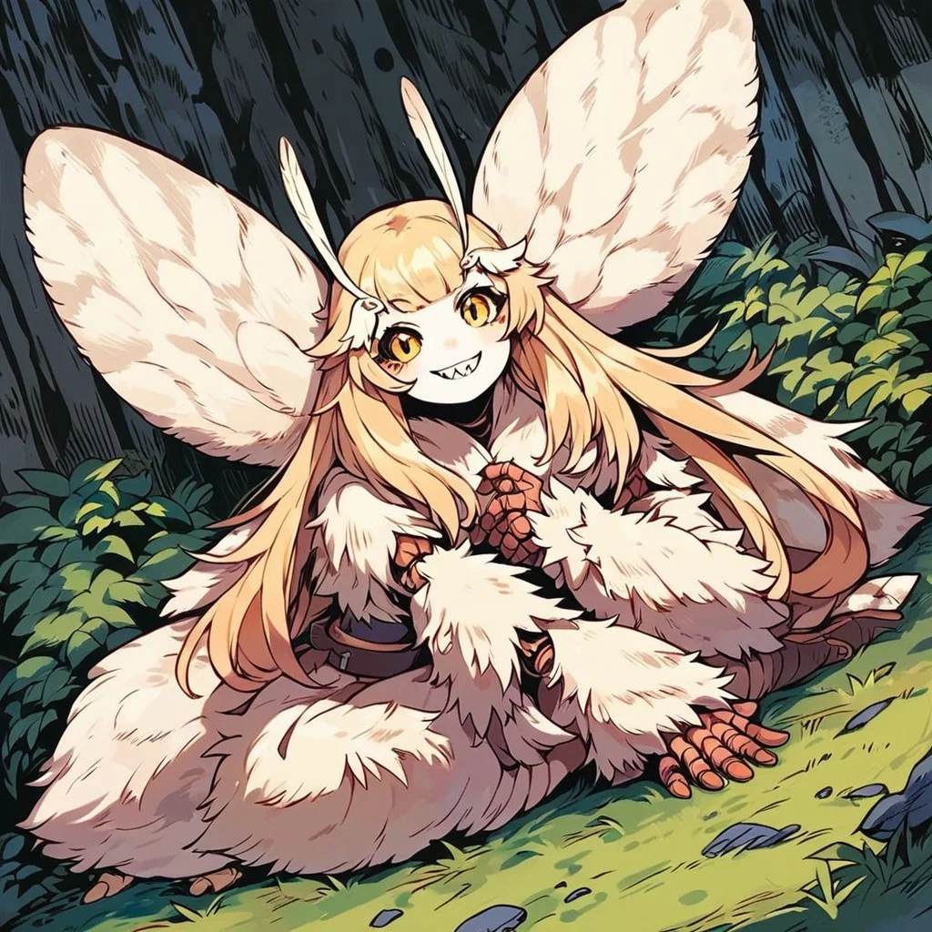 score_9, score_8_up, score_7_up, 1girl, solo, moth girl, pink and white moth fluffy wings, fluffy body, white skin, yellow eyes, fur fluffy four arms, joints, white sclera, long hair, blonde, sharp tooth, happy expression, plump, cute, looking at viewer, cute smile, barbarian outfit, little female, smile, forest background, legs, full body, dutch angle,