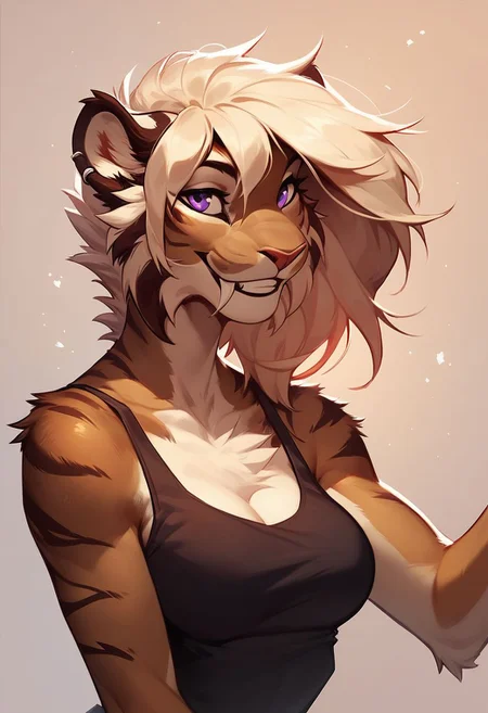 score_9, score_8_up, score_8, 1girl, anthro sabertooth tiger, Medium breasts, smooth, smiling, black tank top, highly detailed, perfect, high quality, posing, portrait