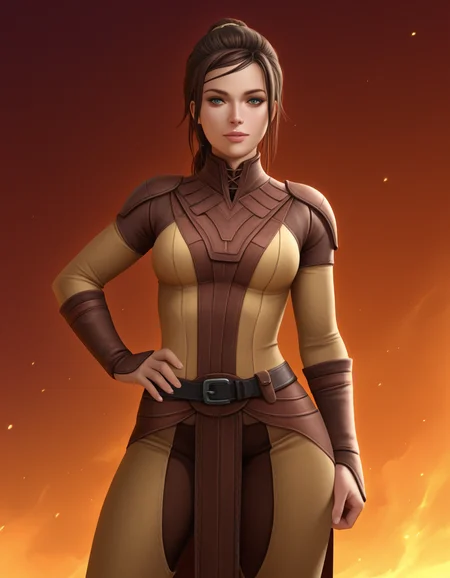 Masterpiece, high-res, 2k, best quality, 2.5d, realistic, 1 girl, bastila shan <lora:bastila_shan_illus-000034:1> Elegant Hand on Hip: Stand with one hand placed confidently on your hip creating a pose that exudes both power and femininity.
