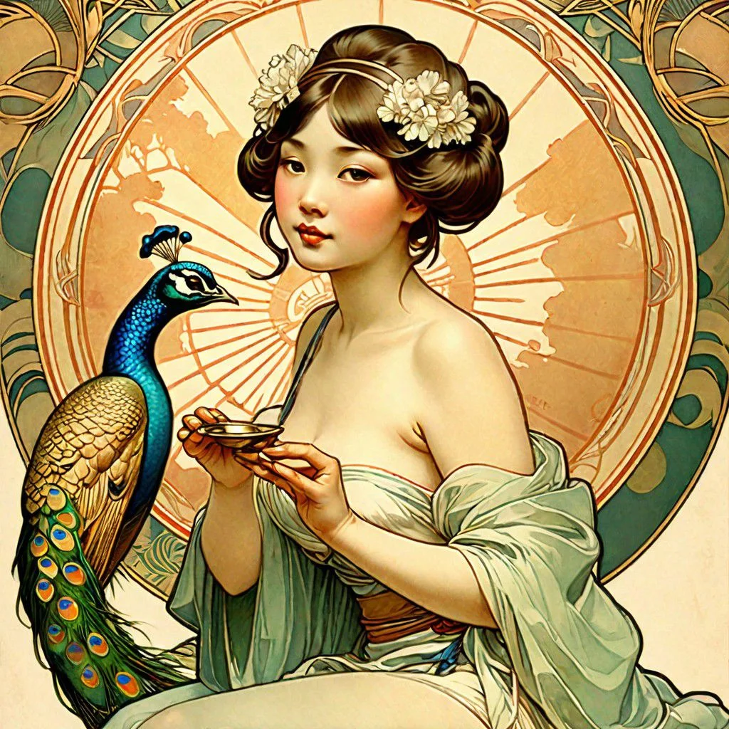(Illustration by alphonse mucha, art nouveau, pin-up, best quality, realistic, detailed), tasteful portrait, japanese girl, playing a biwa, japanese grove, peacock
