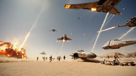 cinematic film still of <lora:star wars style:0.2>
<lora:detailed:0.4> detailed
<lora:perfection style:0.4> perfect
<lora:PerfectEyesXL:0.5>
<lora:Chiaroscuro Lighting Style:0.3>
<lora:Jakku:0.9>
Jakku a scene of a battle with a bunch of fighter jets,in star wars style,outdoors,sky,day,cloud,military,no humans,smoke,science fiction,realistic,aircraft,military vehicle,airplane,battle,explosion,firing,spacecraft,desert,missile,laser, shallow depth of field, vignette, highly detailed, high budget, bokeh, cinemascope, moody, epic, gorgeous, film grain, grainy