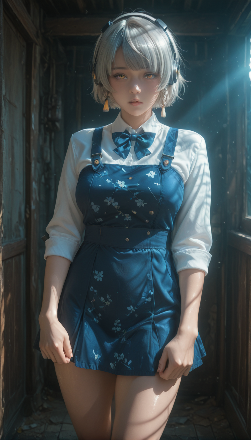<lora:LCMTurboMix_Euler_A_fix:1> <lora:example_SDXL:0.3>, EZRealPONYXL, <lora:Dramatic Lighting Slider:3>  <lora:realistic filter [IL]:1>
DSLR,realistic,cosplay photo, (very awa,masterpiece,best quality,year 2024,newest,absurdres,highres:1), realistic,skin texture,facial features, photography shot with Canon EOS 5D Mark IV , realistic, RAW, best quality, masterpiece, amazing quality, skin details,
1girl, highly detailed beautiful face, large natural breasts,
detailed background, shiny skin, dutch angle, night, moonlight,
beautiful detailed eyes, intricate details, absurdres, anime screencap,
<lora:Anby_damara_ZZZ_ILXL_kill0825:1>
ZZZAnby, short hair, yellow eyes, white hair, grey hair, braid, orange eyes, parted lips,
shirt, skirt, long sleeves, dress, bow, jewelry, braid, thighs, pleated skirt, collared shirt, indoors, bowtie, black footwear, blue skirt, sleeveless dress, single braid, blue dress, blue bow, headphones, sandals, floral print, short dress, blue shirt, tassel, side braid, toenails, sleeves rolled up, upskirt, blue bowtie, toenail polish, pinafore dress, pleated dress, tassel earrings, school uniform, white shirt, 
dynamic pose. Looking at viewer, cowboy shot.