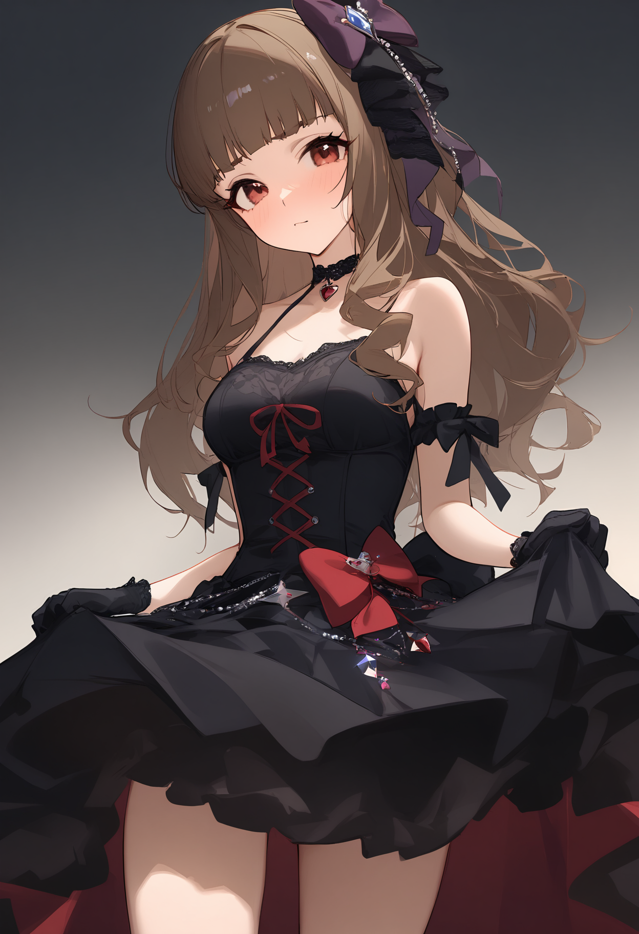 1girl,blush,kamiya nao,solo,hair bow,black gloves,choker,hair ornament,looking at viewer,dress,ribbon,<lora:a31_char_new_kamiya_nao-000026:1>masterpiece, best quality, absurdres<lora:a31_style_koni-000010:0.8>