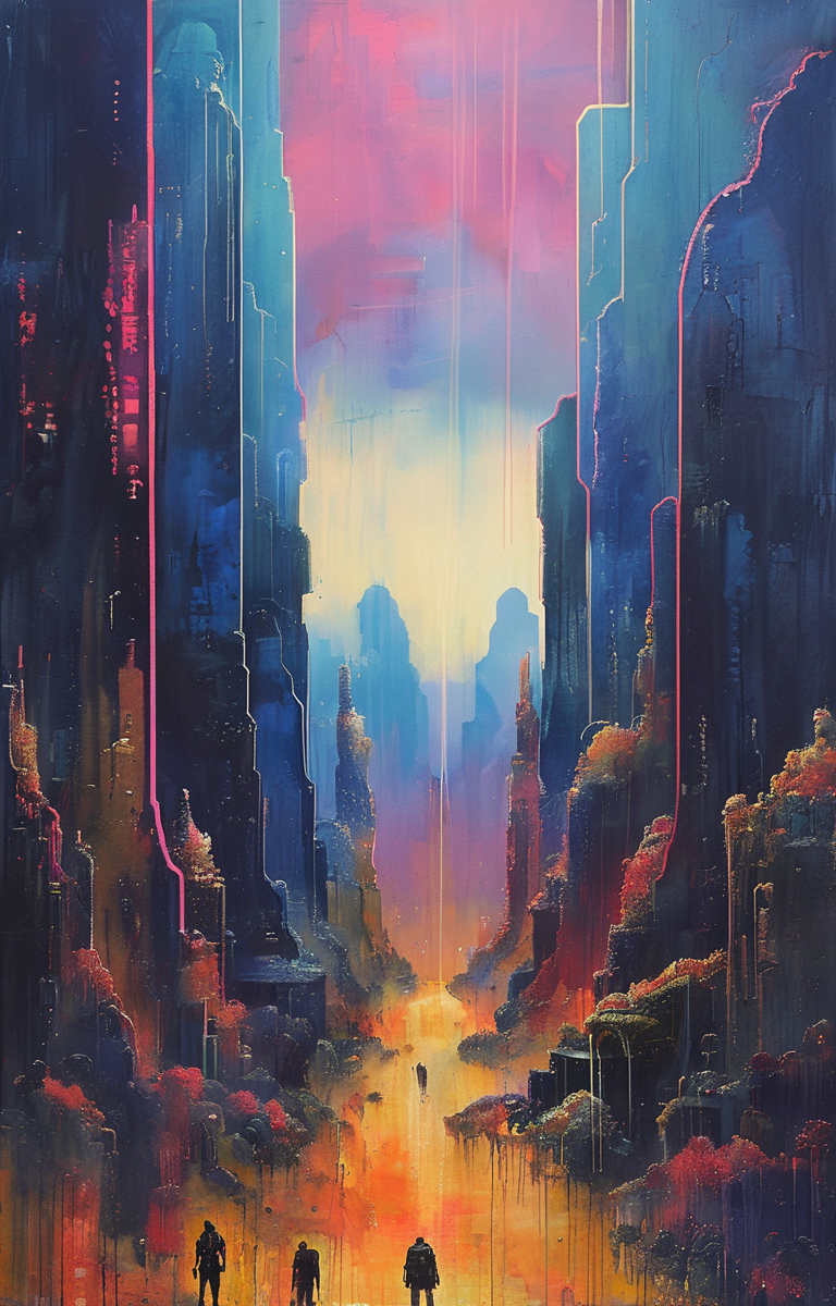 masterpiece,best quality,<lora:tbh222-sdxl:0.9>,illustration,style of Ronnie Landfield cyberpunk city