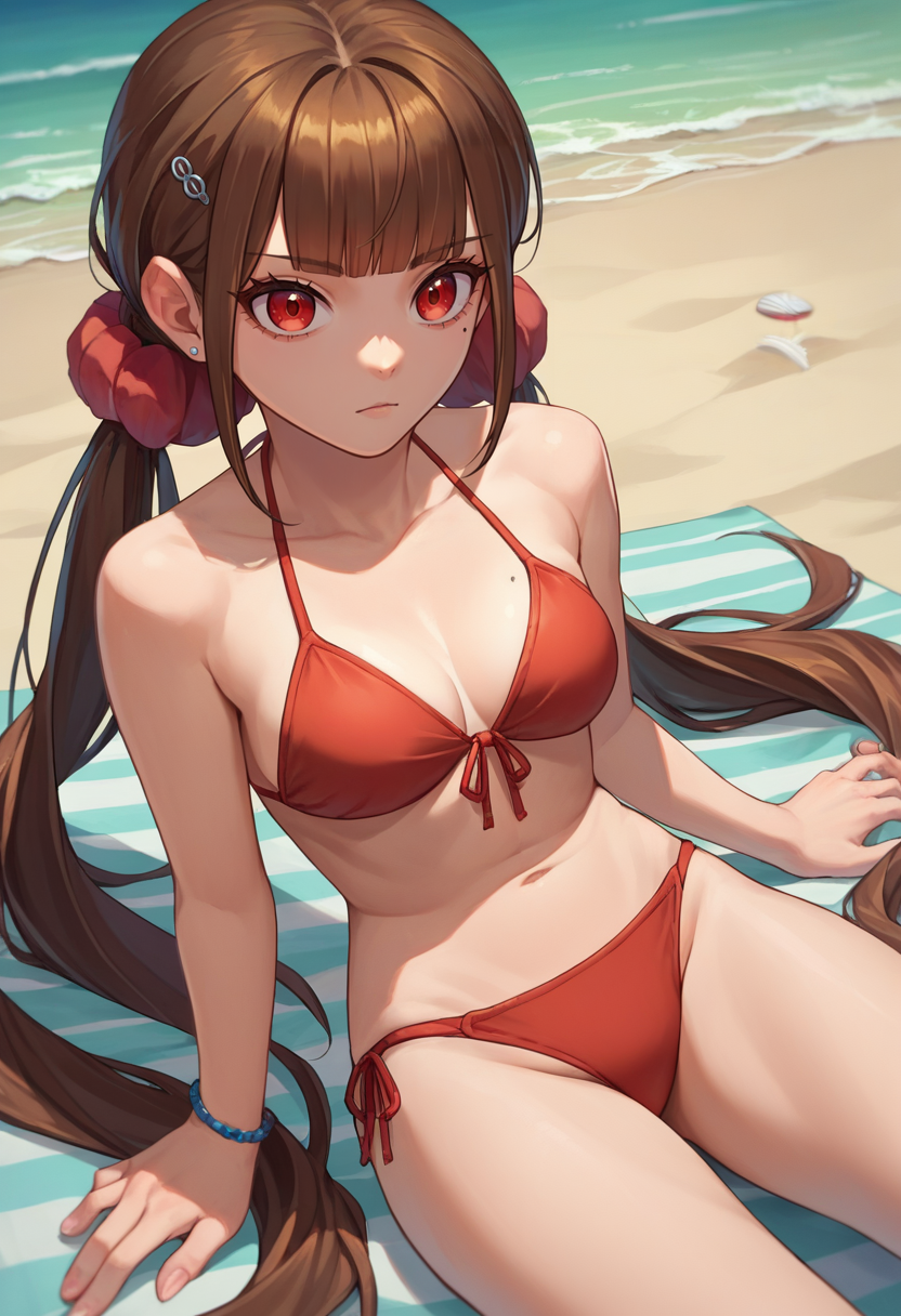 score_9, score_8_up, score_7_up, source_anime, Harumaki, 1girl, low twintails, red eyes, brown hair, mole under eye, hairclip,  bikini, beach,   <lora:MakiPDXLCAME-000013:1>
