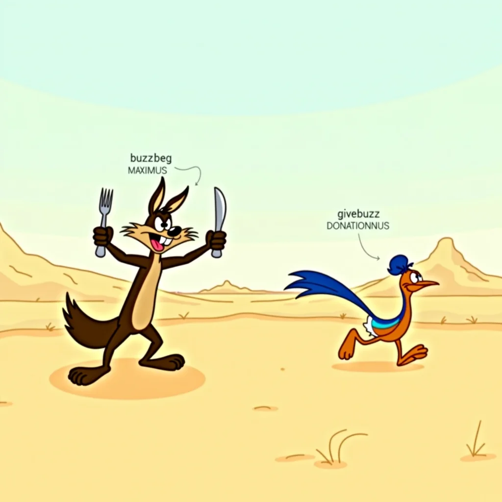 an illustration in the style of Looney Tunes, an anthropomorphic coyote chases an anthropomorphic roadrunner through a barren desert, the roadrunner is running away from the coyote, the coyote is holding a fork and knife above his head in a threatening manner, the roadrunner is sticking its tongue out, (a caption under the coyote reads "buzzbeg Maximus", a caption under the roadrunner says "givebuzz Donationus")