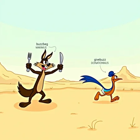 an illustration in the style of Looney Tunes, an anthropomorphic coyote chases an anthropomorphic roadrunner through a barren desert, the roadrunner is running away from the coyote, the coyote is holding a fork and knife above his head in a threatening manner, the roadrunner is sticking its tongue out, (a caption under the coyote reads "buzzbeg Maximus", a caption under the roadrunner says "givebuzz Donationus")
