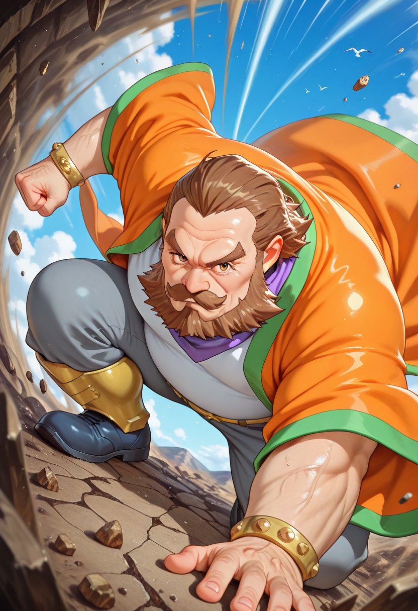 score_9, score_8_up, score_7_up, hyperrealistic colors,Close-up of muscular fist smashing the ground, aerial view, top-down perspective, overhead shot,,bird's-eye view of impact crater,
violent shockwave radiating outward, exploding debris and crushed rocks flying at high speed, motion blur trails,
hyper-detailed knuckles with tension veins, arm muscles bulging, kinetic energy visible in air,
 cracked earth, wind vortex distortion,
speed lines, impact frame effect, time freeze moment, overwhelming power sense, seismic activity,(high-angle view:1)Hair flowing in the wind, beard swaying in the wind,(The shock wave is white,Like the wind)Looking at the viewer,ground cracks,Traces from the sky,kneel on one knee,Large amounts of flying debris,((matte skin))((matte clothing))((No highlights))
BREAK
1boy,solo,hige_habahiro, mature male, fat face, Thick eyebrows, obese,  thick_thighs,  thick thighs, legs,  perfect hands,hige_dense,((wrinkled skin)),rough skin,
old man, bodily, 5 fingers, (Pants),frown,Panting,
ximenhao, mature male, brown hair, brown eyes, thick mustache, beard, long sideburns, thick eyebrows,belly, fat,orange robe, green trim, white shirt, purple scarf, gold belt, grey pants, yellow greaves,gold bracelet,
blue footwear,
BREAK
Outside,blue sky,On the giant yellowish-brown rock mountain,
BREAK
serious,authority,
BREAK ,  very awa, masterpiece, best quality, absurdres, newest, perfect quality, detailed background, intricate details,Correct structure,
