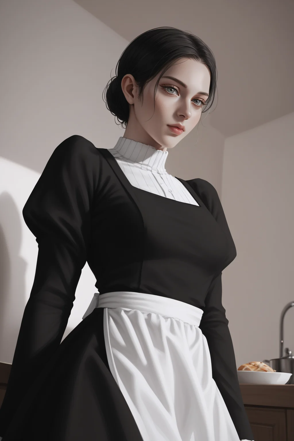 score_9, score_8_up, score_7_up, BREAK source_anime, <lora:Lara Tybur-PonyXL-lora-Faxtron:1> lara tybur, grey eyes, black hair, single hair bun, medium breasts, black dress, long sleeves, juliet sleeves, apron,