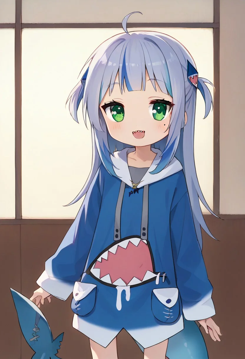score_9, score_8_up, score_7_up,source_anime, masterpiece, ultra detailed, highres, 4k, best quality, BREAK, <lora:konata:0.7> Konata Izumi, solo, long hair, ahoge, mole, glossy hair, smooth hair, shiny hair, gawr gura, blue hoodie, two side up, shark hair ornament, shark tail, sharp teeth, smile, dark blue hair, cute, cute face, outstanding, countershading, detailed soft lighting, backlighting, green eyes, looking at viewer, ultra detailed eyes, cowboy shot