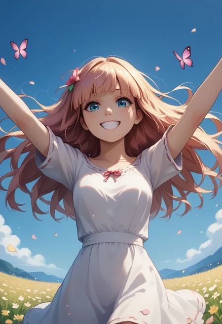 score_9, score_8_up, score_7_up, score_6_up, score_5_up, 1girl, solo, Sana Kashimura, Dutch angle, close to viewer, big smile, arms outstretched, running through a field of lavender, petals everywhere, butterflies everywhere, cinematic, blue sky, summer dress, flowers in hair, masterpiece, in motion, motion blur, film grain, looking off frame, front side above view,