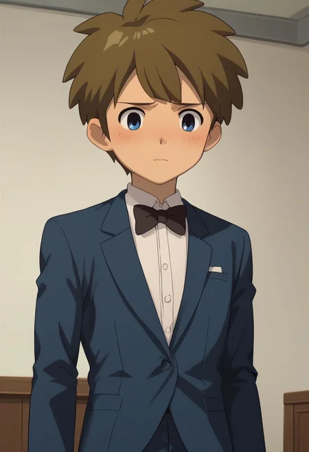 score_9, score_8_up, score_7_up, source_anime, highly detailed, slender, skinny, cute,
darren, 1boy, male focus, solo, brown hair, blue eyes, formal, suit, bow tie, blush, embarassed, looking down,
indoor,