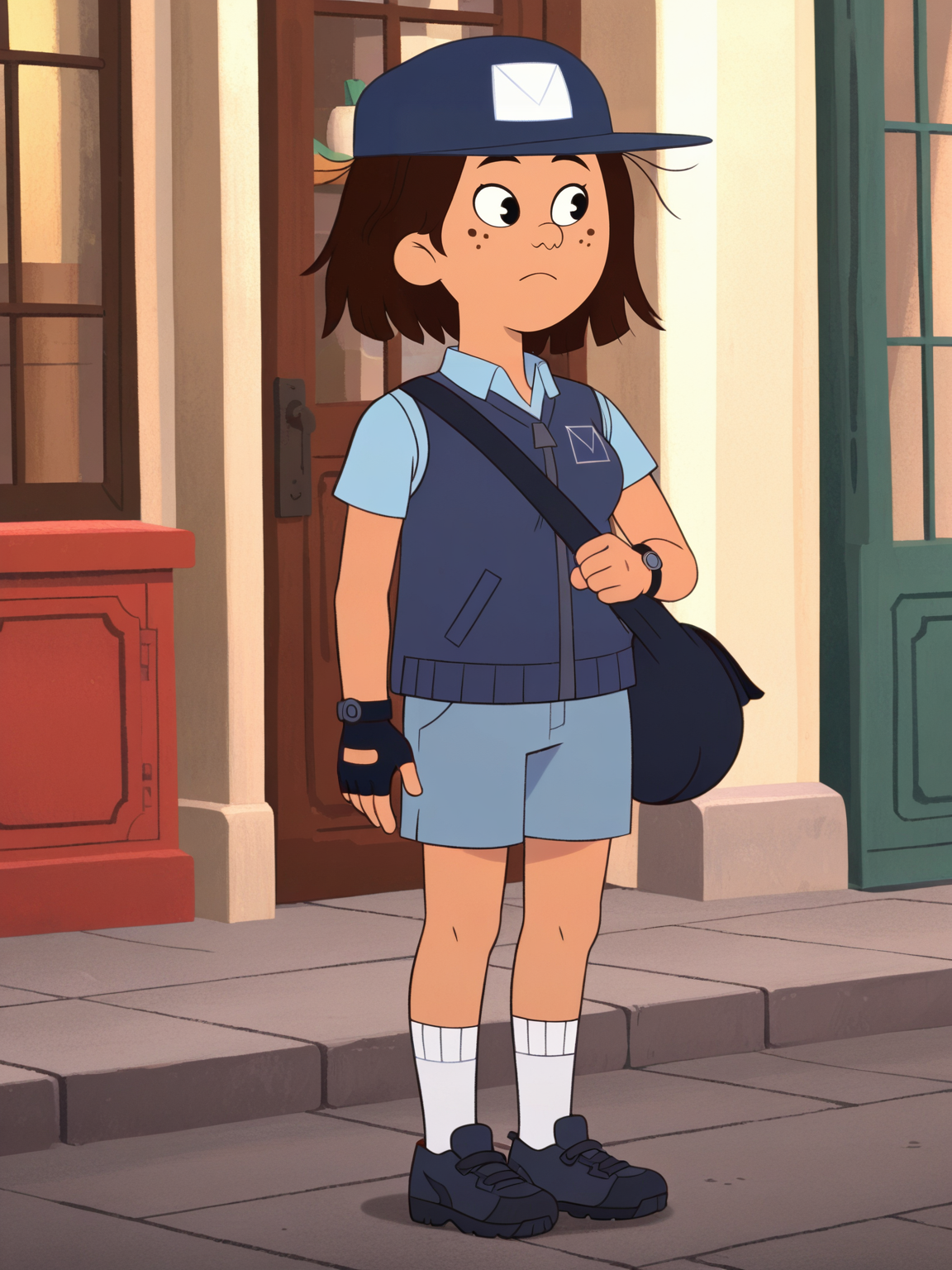 <lora:ThaoIL:0.8> _o, 1girl, short hair, brown hair, black eyes, freckles, fingerless glove, wristwatch, baseball cap, short sleeve shirt, vest, shorts, socks, sneakers, mail bag