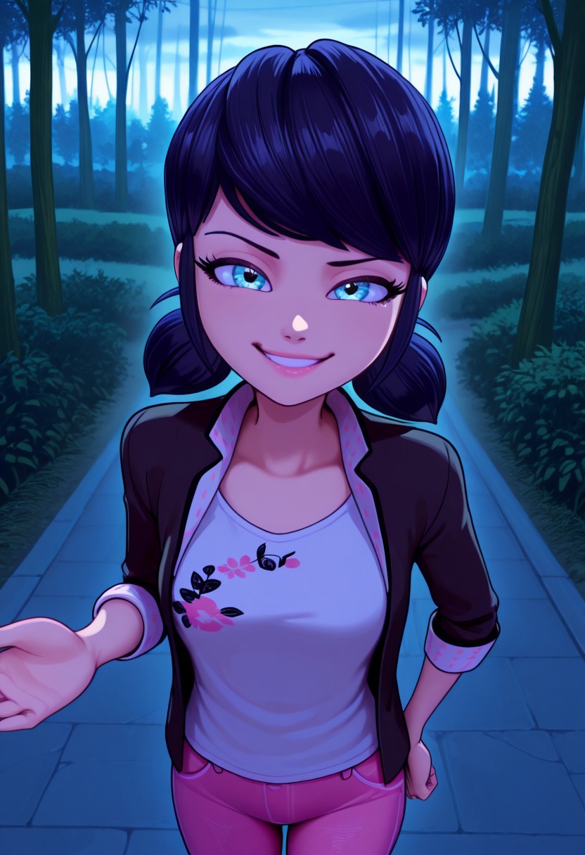 bright colors, detailed background,, volumetric light, vivid colours, standing,
looking at viewer, outdoors, overcast, dark, forest, vines, ponypositive, solo, solo focus, open hands on hip, single eyebrow lifted, smirk,
Marinette Dupain-Cheng, shoulder-length black hair with blue reflections tied back in pigtails, light pink lips, fair skin, bright bluebell eyes, unbuttoned jacket, white T-shirt, pink jeans, 
Smooth Quality,
best quality, hyper detailed, ambient stylish expressive lighting, absolutely eye-catching masterpiece, body extremely close-up view, (facing viewer), forward, face extremely close-up shot, chest focus, selfie,
