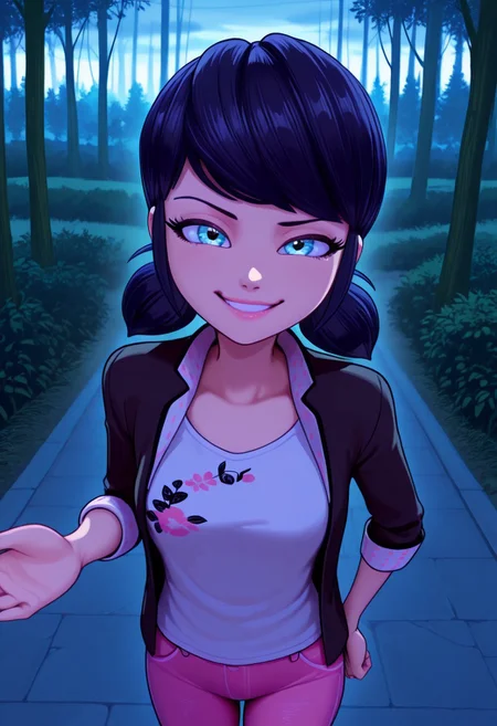 bright colors, detailed background,, volumetric light, vivid colours, standing,
looking at viewer, outdoors, overcast, dark, forest, vines, ponypositive, solo, solo focus, open hands on hip, single eyebrow lifted, smirk,
Marinette Dupain-Cheng, shoulder-length black hair with blue reflections tied back in pigtails, light pink lips, fair skin, bright bluebell eyes, unbuttoned jacket, white T-shirt, pink jeans,
Smooth Quality,
best quality, hyper detailed, ambient stylish expressive lighting, absolutely eye-catching masterpiece, body extremely close-up view, (facing viewer), forward, face extremely close-up shot, chest focus, selfie,