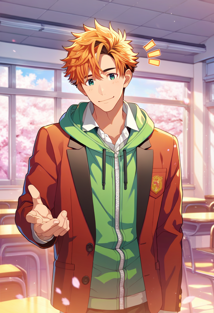 1boy, male focus, 
,((zPDXL)), score_9_up, score_8_up, score_7_up, score_6_up, score_5_up, score_4_up, best quality, amazing quality, best aesthetic, absurdres, year2023, uncensored, nsfw, official art, official style, depth of field, detailed eye,
 <lora:Character - StaOke - Takuto Akabane:0.8> green eyes, orange hair, takuto
indoors, window,  cowboy shot, 
classroom, standing, notice lines, noticing viewer, smile,  cherry blossoms, 
takutoschool, red blazer, green hoodie, hood,