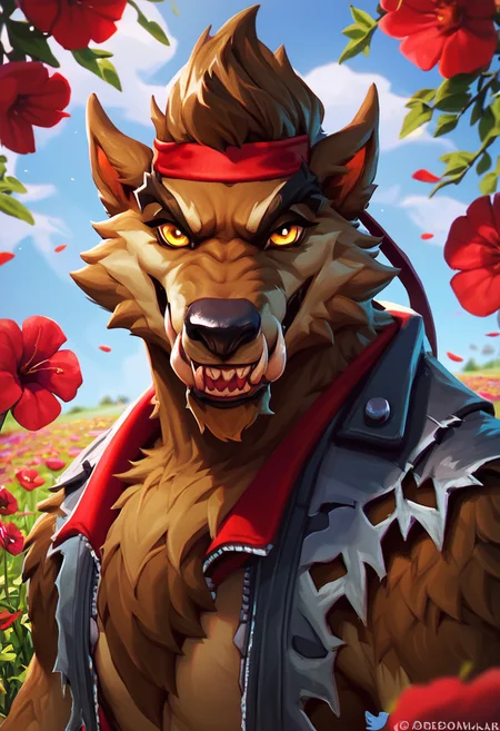 score_9, score_8_up, score_7_up, best quality, highres, 1boy, solo, upper body, dire, fortnite, werewolf, furry, brown fur, yellow eyes, headband, seductive, flower field, detailed background, looking at viewer, <lora:Dire_Fortnite:1>