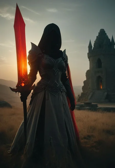 AtomicHeartTwinsCosplay, Captured by the red-golden glow of her translucent giant Sword, a blonde Bedouin princess stands amidst the vast expanse of a grey meadow, by an ancient stone fountain. 
deep Blacks, very detailed, atmospheric haze, Film grain, cinematic film still, shallow depth of field, highly detailed, high budget, cinemascope, moody, epic, OverallDetail, 2000s vintage RAW photo, photorealistic, candid camera, color graded cinematic, eye catchlights, atmospheric lighting, imperfections, natural, shallow dof