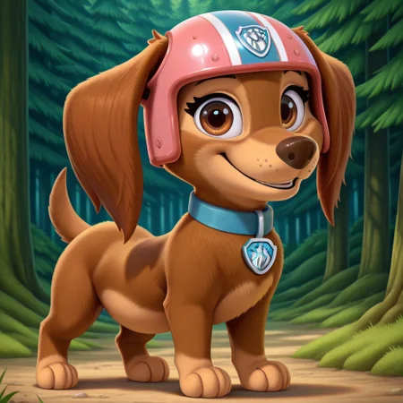 Liberty(PP), solo, feral, dog, dog girl, long-haired Dachshund, brown fur, tan paws, tan belly, tan muzzle, brown nose, brown eyes, long ears, short tail, blue collar, shield shaped tag, blue and pink helmet, full body, looking at viewer, smiling, standing, forest background,