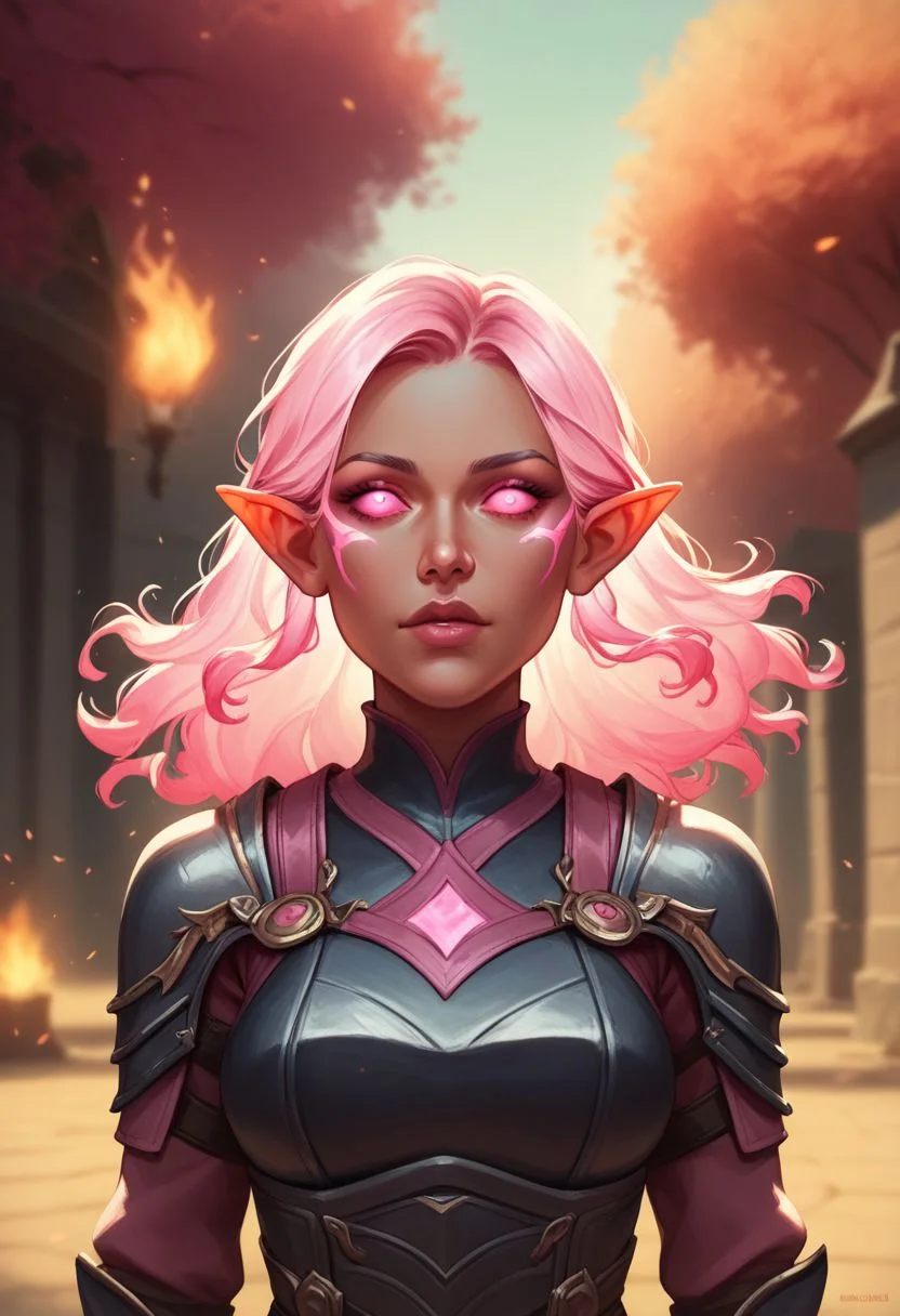 (((beautiful, high quality))), upper body, score_9, score_8_up, score_7_up, solo,
looks at the viewer,
FireGenasi, fire hair, colored sclera, dark skin, pointed ears, 1girl, pink fire hair, pink eyes, pink raincoat, black armor,
outdoor, fantasy background, nature, blurred background,