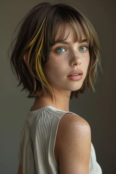 1girl,solo,bellissima,breasts,looking at viewer,short hair,bangs,blonde hair,simple background,shirt,green eyes,upper body,parted lips,teeth,sleeveless,grey background,lips,eyelashes,sleeveless shirt,freckles,yellow shirt,realistic
