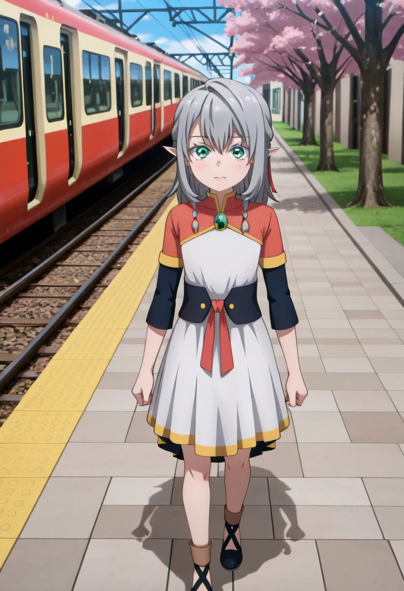 <lora:Young Tessia_IL:1>Young Tessia, 1girl, gray hair, pointed ears, elf, green eyes, white asymmetrical dress with yellow trim, red sash waist tie, black long-sleeve undershirt, green gem pendant necklace, white thigh-high socks, black crisscross strap shoes
City railway station park with cherry blossom trees