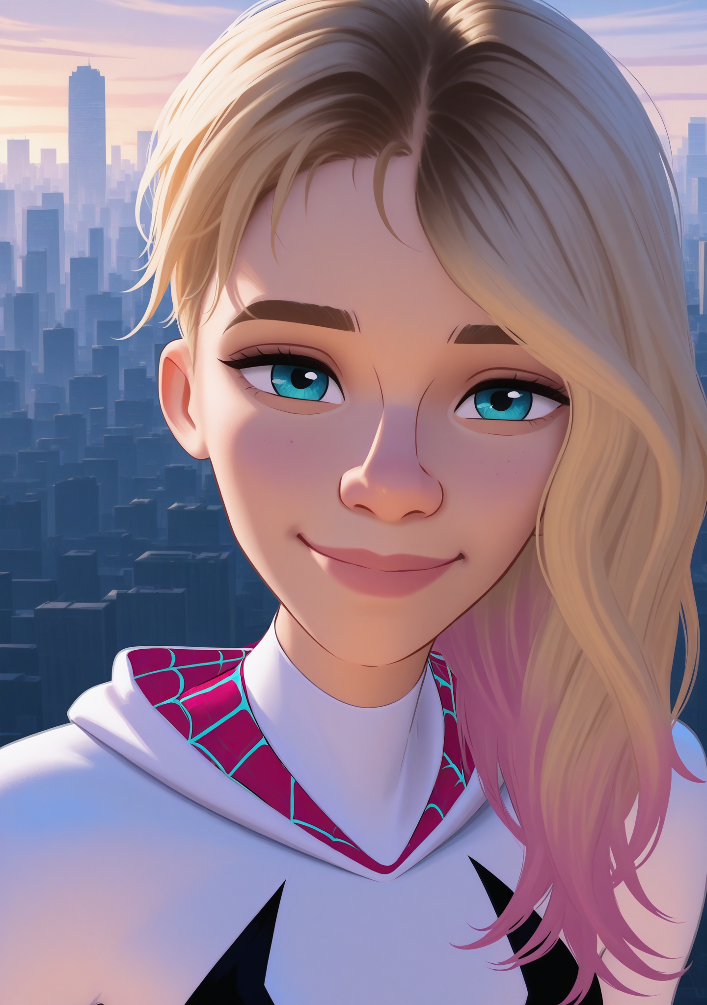1girl,<lora:spdmatsvsty:1>,spdmatsvsty,cityscape,from above,upper body,looking at viewer,smile,spider-gwen,