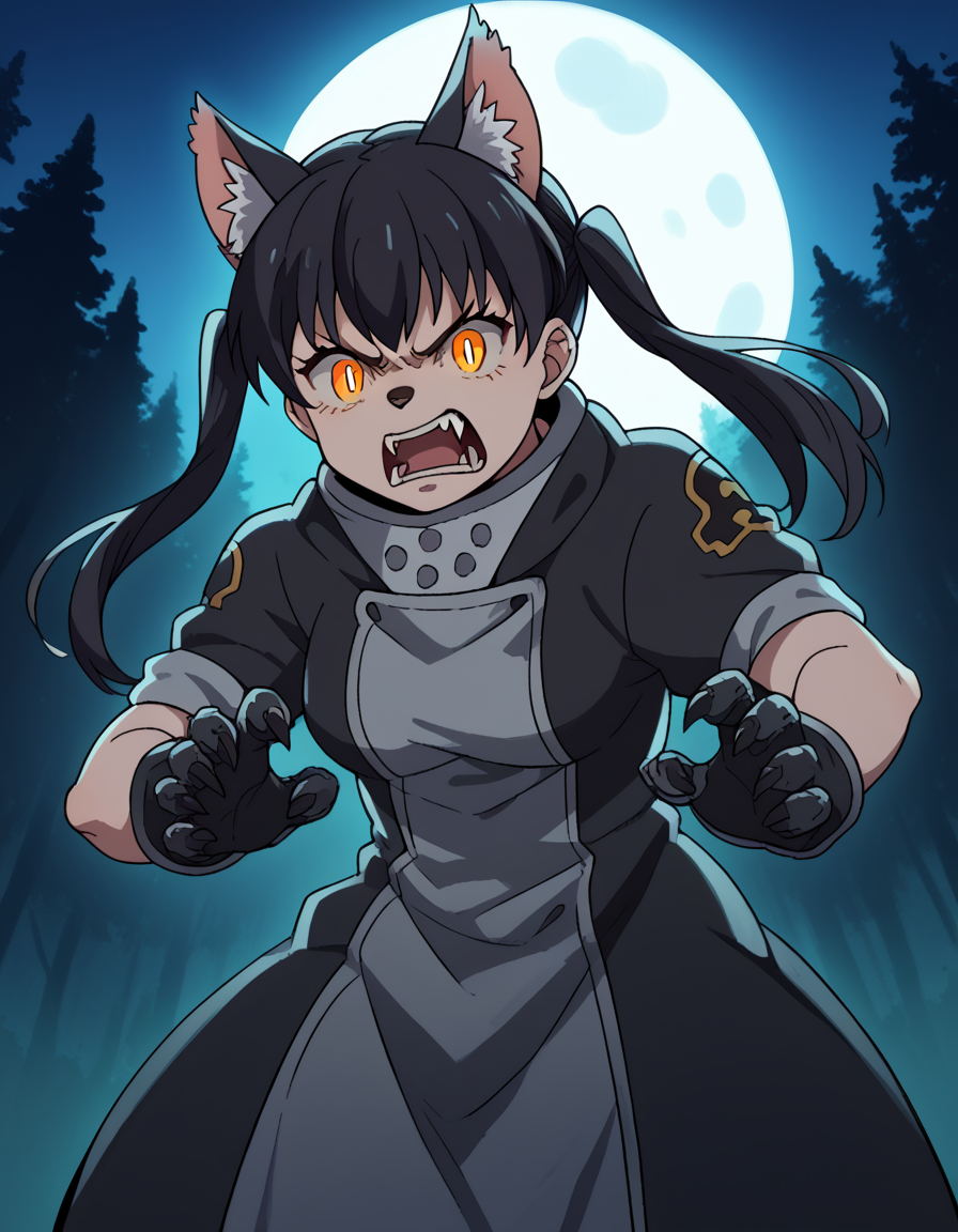 score_9, score_8_up, score_7_up, source_anime, <lora:tamaki-kotatsu-s1s2-ponyxl-lora-nochekaiser:1>, tamaki kotatsu, long hair, bangs, black hair, twintails, medium breasts, yellow eyes, orange eyes,, <lora:werewolf-ponyxl-lora-nochekaiser:1>, werewolf, furry, fangs, animal ears, gloves, angry, teeth, animal ear fluff,, forest, night, moon, open mouth, , dutch angle, cowboy shot