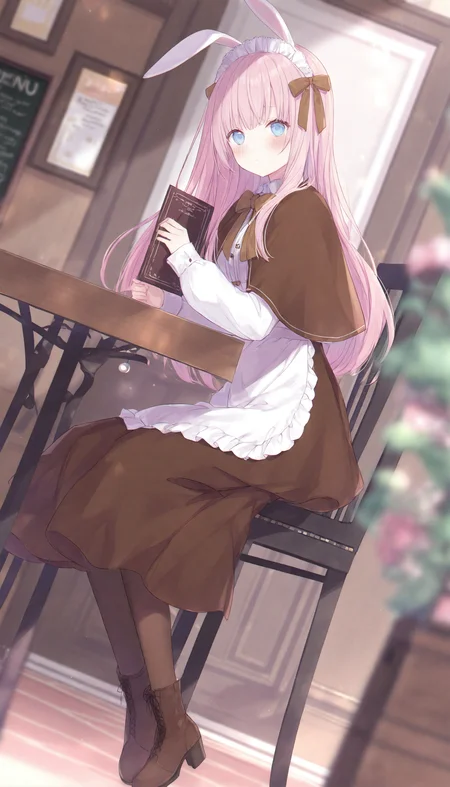 1girl, pink hair, long hair, solo, animal ears, apron, maid headdress, rabbit ears, blue eyes, sitting, pantyhose, long sleeves, bow, boots, door, looking at viewer, white shirt, skirt, brown footwear, shirt, hair bow, frills, menu board, chair, maid, holding, table, blurry foreground, dutch angle, brown bow, capelet, blurry, brown skirt, blush, white apron, ribbon, closed mouth, flower, high heels, brown pantyhose, brown ribbon,
masterpiece,best quality,newest,absurdres,highres,very awa,<lora:sei3_noob1.1-000200:0.9>,