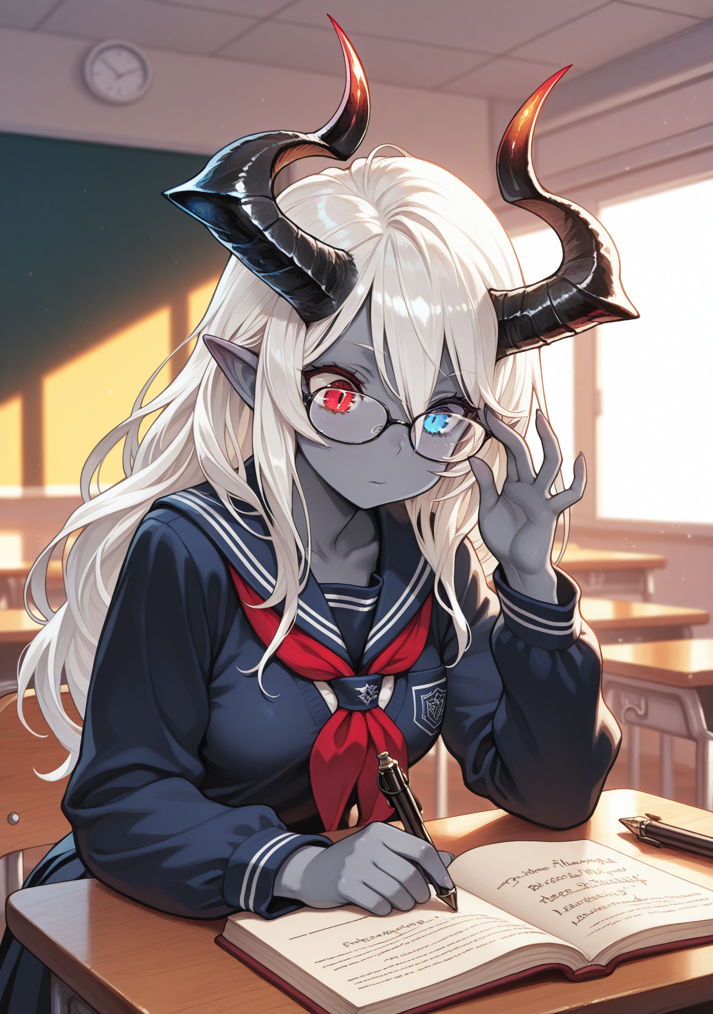 masterpiece,best quality,amazing quality,
<lora:flameglass:0.8>,flameglass,
1girl,horns,heterochromia,red eyes,long hair,blue eyes,pointy ears,grey skin,glasses,school uniform,adjusting eyewear,classroom,book,table,pen,writing,white hair,