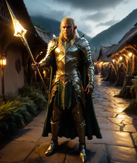 In a Fantasy Middle-earth world in the dark ages Carcharoth, a cinematic (full body shot:1.2) of a male elf warrior in shiny armor holding a (spear and a shield:1.1), gold ornaments and decorated armor, long blonde silk hair, elf town background, night, torchlight, middle-earth, <lora:The Lord of the Rings style v2:1>, The Lord of the Rings style, (hkstyle:1.1),  <lora:detailed_hands:0.7>, hand, 8k, HDR, UHD, insane details, award-winning photo, <lora:detailed_notrigger:0.8>, <lora:XL_Weapon_Spear_and_Shield_-_By_HailoKnight:0.40>, (view from distance, wide angle:1.1), <lora:zavy-rmlght-sdxl:0.8>, zavy-rmlght