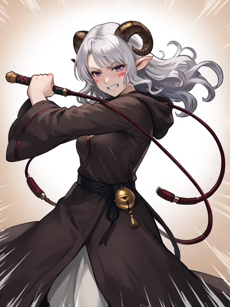 <lora:whip:0.8>solo, holding weapon, whipping, slashing, whip,source_furry, score_7_up, rating_safe, cowboy shot, gold necklace, tiefing, short pointed ears, brown horns, (a pair of brown sheep Horns that begin at her temples and curve back: 1.5), bangs, long silver hair long wavy hair, pale skin, <lora:whisker_markings:0.8>red whisker_markings ,short pointy ears, purple eyes, <lora:age_slider_v4:0.6> medium breasts, skinny female, silver hair, <lora:Tieflingnew weird fantasyDND:0.3> Tiefling, pointed ears, horns, half-closed eyes<lora:Smooth Style 2 SDXL_LoRA_Pony Diffusion V6 XL:0.5> bell, robe, hood off, grin, blush, fighting stance,((( whipping:1.2, motion blur, motion lines))), outstretched arms, doyagao, <lora:incoming_attack:0.5> incoming vertical sword attack, incoming horizontal sword attack