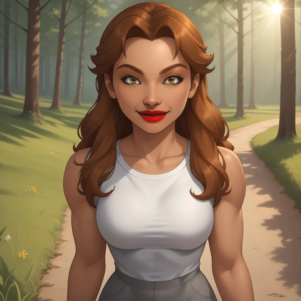 score_9, score_8, BREAK, solo, wii, mii, wii sports, 1girl, female mii, dark yellow eyes, black eyeshadow, auburn hair, red lips, lipstick, big lips, white clothing, gray pants, shoes, cute, nintendo mii, modern_mii, classic_mii, breasts, naomi_(\wii_sports\), sexy pose, smile, outdoors, sunlight, shadows, evening lighting, natural lighting, forest, trees, grass, orange sky, sunset