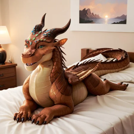 score_9, score_8_up, score_7_up, score_6_up, score_5_up, score_4_up, masterpiece, high quality, realistic, detailed, best quality, white bed, solo, rating_safe, source_furry, bedroom, smiling, open mouth smile, seductive, (looking at viewer, lying on belly, full body), Moorhen_wof, gem embedded face, gemstones, green eyes, female, 1girl, detailed eyes, Mudwing, brown scales, dragon, horns, claws, wings, tail