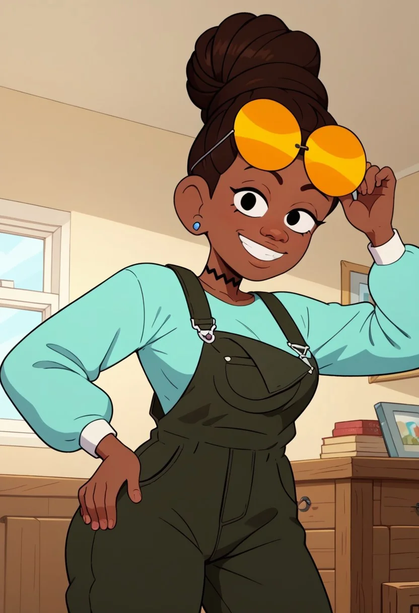 ((bedroom background)),score_9, score_8_up, score_7_up,score_6_up, 
1girl, Solo, JasmineW_Cotc, brown skin, black eyes, dark brown hair, hairstyle in a high bun, yellow sunglasses on head, small blue earrings, black choker, long sleeve aquamarine shirt, nori seaweed green overalls, white sneakers with yellow details, big eyes, tall stature, social smile, sexy face, close-up, cowboyshot, perfect eyes, perfect smile, looking at the viewer, big breasts, detailed eyes, perfect eyes, very close-up, cute, standing, head on, hand on sunglasess, hand on hips, low-angle view:1.3, front view