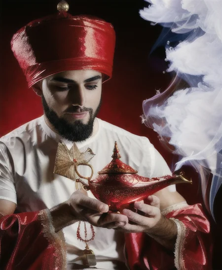 a man holding a red magic lamp with smoke <lora:genielamp6:1>,white coat,photorealistic, perfect face, deviantart hd, artstation hd, concept art, detailed face and body, award-winning photography, margins, (detailed face:1.6), detailed hands,backlight,12k ultrarealistic, ray tracing, cinematic lighting, art by Grzegorz Rutkowski