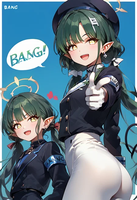 score_9, score_8_up, score_7_up, 2girls, anime source, extremely detail face, hikari \(blue archive\), nozomi\(blue archive\), green hair, long hair, twintails, pointy ears, yellow eyes, small breasts, double-breasted, armband, blue hat, black jacket, blush, jacket, cropped jacket, earrings, white gloves, halo, long sleeves, white pantyhose, demon tail, sidelocks, BREAK, looking at viewer, open mouth, smile, pointing at viewer, finger gun, bang (gesture), bubble speech "BANG", from behind, bent over, leaning back, grabbing waist, dynamic angle, blended background <lora:Finger_Gun:1> <lora:Finger_gun_Shooting_Bang_Pose_for_Pony:1>