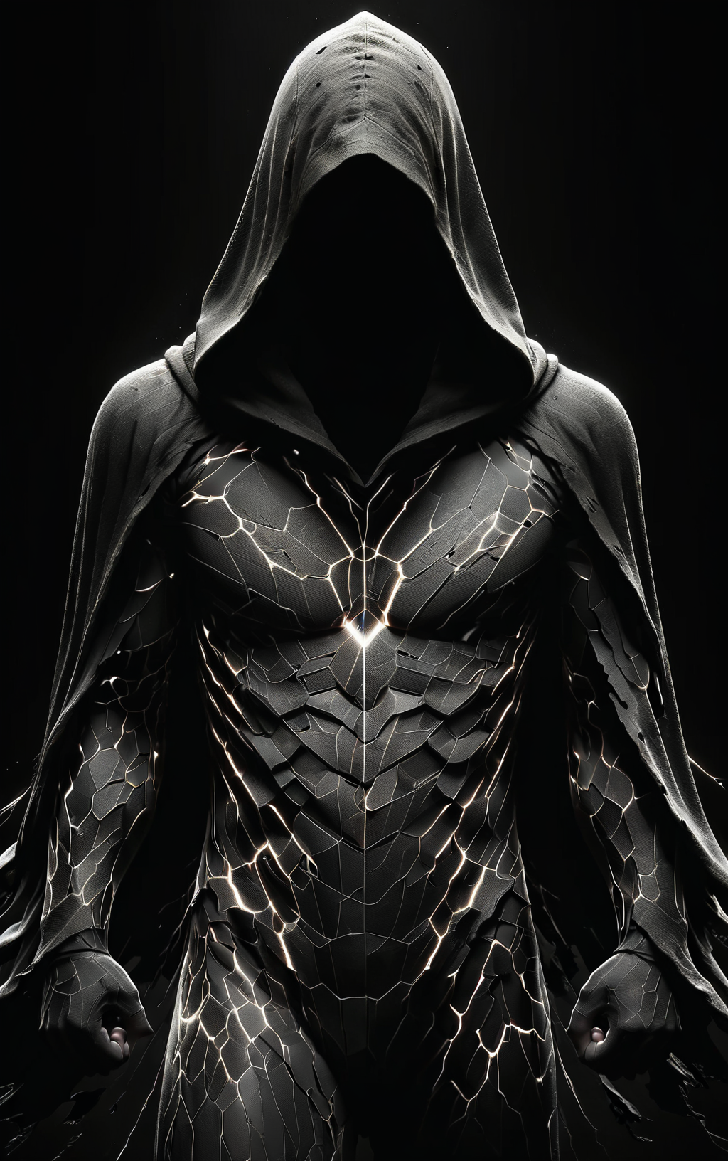 ShatteredCloth,solo,monochrome,greyscale,male focus,hood,cape,black background,facing viewer,cloak,clenched hands,hood up,arms at sides,hooded cloak,dark cloak,no face,face not seen,shattered effect on clothes,face hidden
<lora:add-detail-xl:0.8> <lora:ShatteredCloth:0.6>