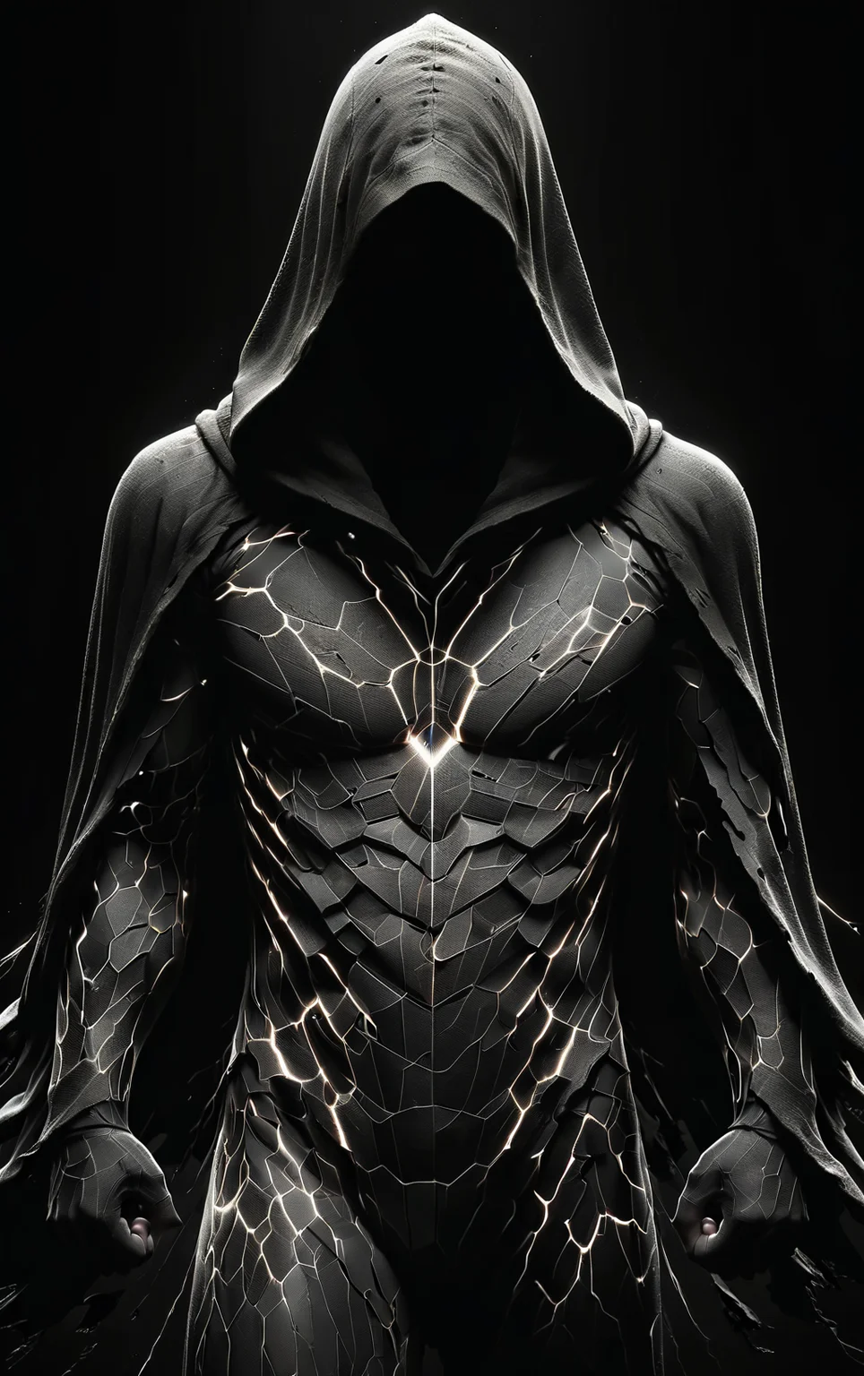 ShatteredCloth,solo,monochrome,greyscale,male focus,hood,cape,black background,facing viewer,cloak,clenched hands,hood up,arms at sides,hooded cloak,dark cloak,no face,face not seen,shattered effect on clothes,face hidden
<lora:add-detail-xl:0.8> <lora:ShatteredCloth:0.6>
