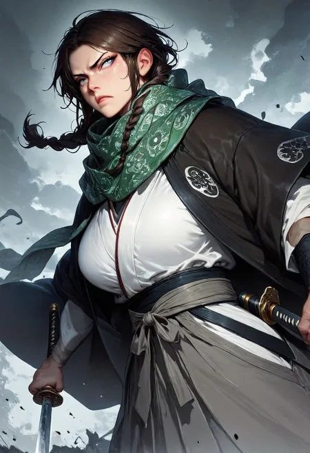 masterpiece, best quality,high quality, newest, highres,8K,HDR,absurdres, 1girl, mature female, solo, long dark brown hair, front twin braids, short hair fringe, blue-grey eyes, black pupils, serious scowling expression, black and green checker patterned scarf, white kimono, black haori, grey hakama, katana, samurai fantasy battlefield, stormy sky, dynamic pose, intense lighting, detailed background, depth of field, dynamic composition, foreshortening, detailed background, dynamic pose, dynamic composition,dutch angle, detailed backgroud,foreshortening,blurry edges <lora:iLLMythG0thicL1nes:1> G0thicL1nes