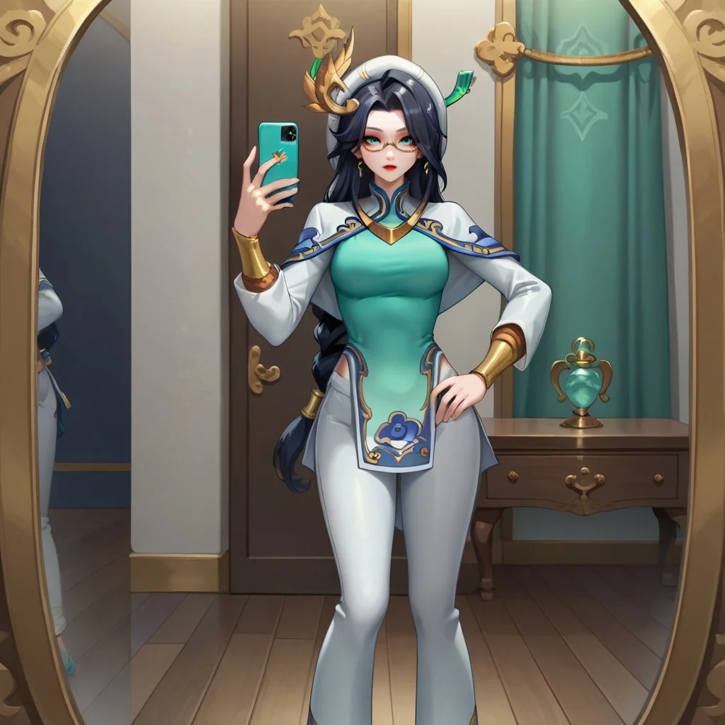 safe_pos, Expressiveh,1girl,
mlhg, green eyes, black hair, long hair, hair ornament, semi-rimless eyewear, red lips, low-tied long hair, single braid, hat, chinese cloth, long sleeves, white pants, high heels, upper body
, mirror, room, standing, holding phone, selfie, solo, hand on own hip, score_9, score_7_up,anime coloring ,source_anime, anime, anime screencap,