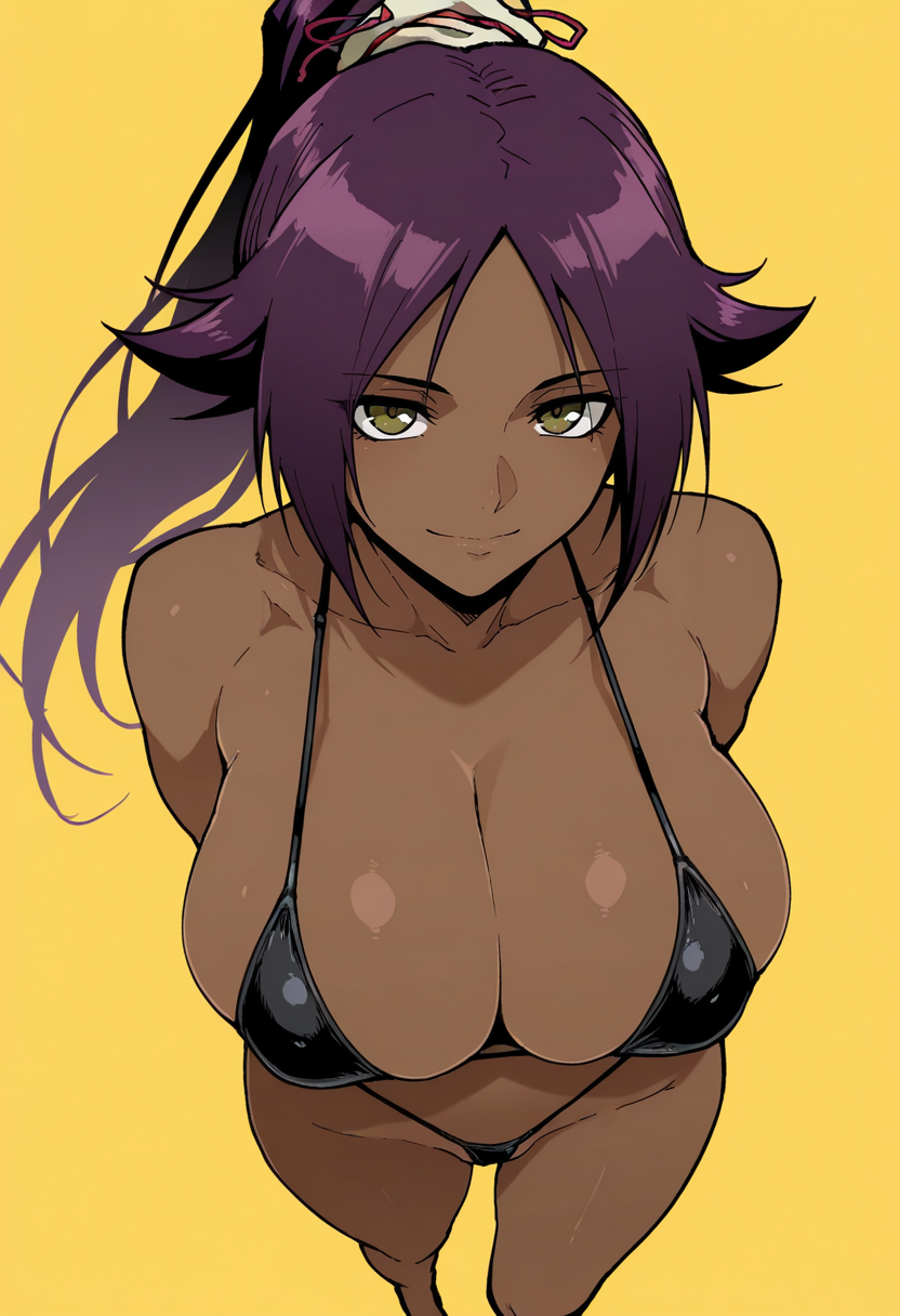 masterpiece, best quality,
 <lora:ahemaru:1> 4h3m4r0,
1girl, solo,
From above
looking at viewer, light smile, 
shihouin yoruichi, dark-skinned female, purple hair, brown eyes, ponytail, large breasts, 
bikini, thong, 
simple background, Yellow  background,