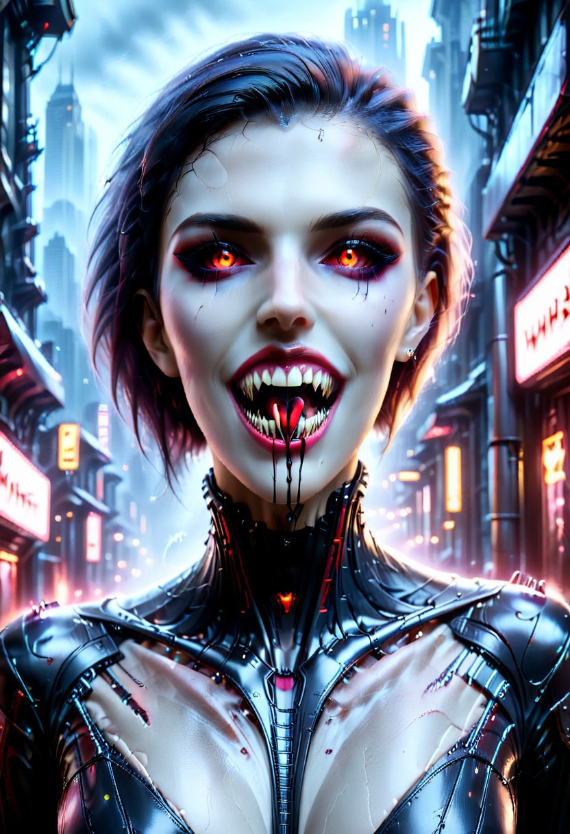 woman mad-cbrbdy, Vampire woman, smiles, open mouth, perfect fangs, long vampire fangs, normal ears, perfect eyes, perfect face, hyper detailed eyes, dark gray eyes, on a street cyberpunk city, posing, sexy pose, beautiful perfect face, beautiful perfect eyes, perfect quality, full bodysuit, raw photo, (photorealistic, realistic:1.0), ultrahigh res
