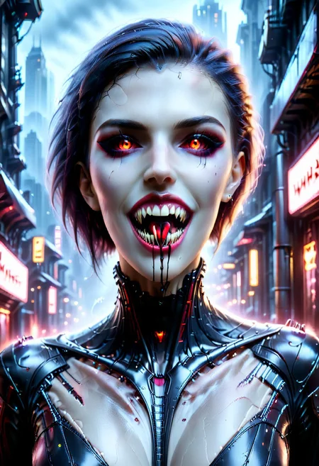 woman mad-cbrbdy, Vampire woman, smiles, open mouth, perfect fangs, long vampire fangs, normal ears, perfect eyes, perfect face, hyper detailed eyes, dark gray eyes, on a street cyberpunk city, posing, sexy pose, beautiful perfect face, beautiful perfect eyes, perfect quality, full bodysuit, raw photo, (photorealistic, realistic:1.0), ultrahigh res