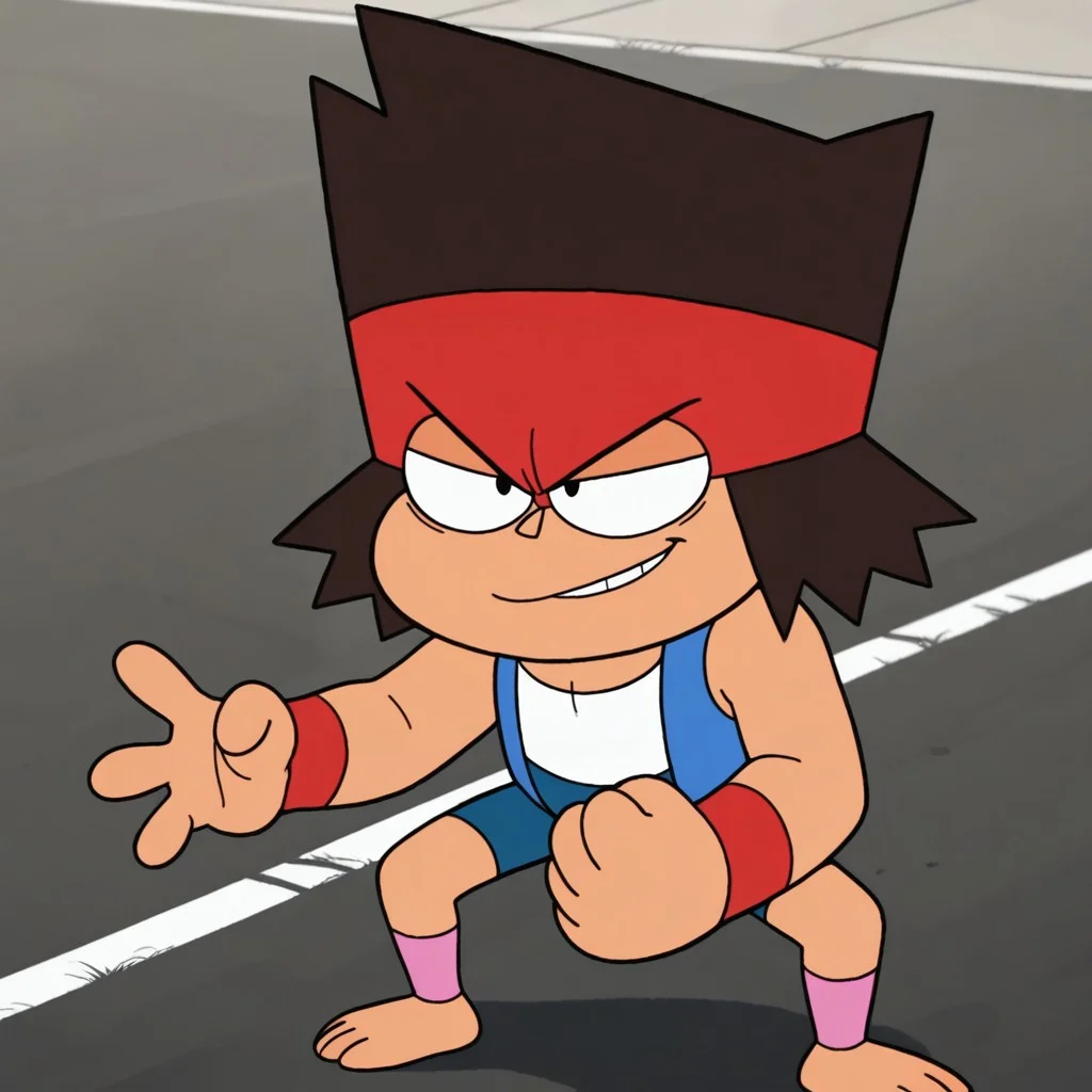 masterpiece, best quality, amazing quality, kaiok, male, human, young, solo, tan skin, brown hair, black eyes, barefoot, short, red headband, red wristbands, blue sleeveless jacket, white tank top, blue shorts, pink legwarmers, fight stance, determined smirk, outdoors, parking lot