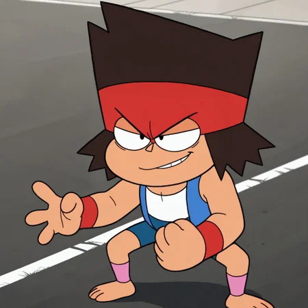 masterpiece, best quality, amazing quality, kaiok, male, human, young, solo, tan skin, brown hair, black eyes, barefoot, short, red headband, red wristbands, blue sleeveless jacket, white tank top, blue shorts, pink legwarmers, fight stance, determined smirk, outdoors, parking lot